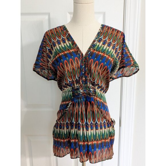 ARYN K Women’s 100% Silk Blouse Flutter Geometric Colorful Festival Aztec Sz S - Picture 1 of 11